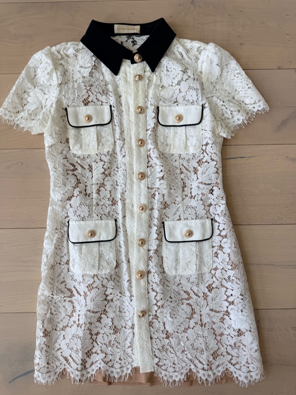 Floral Lace Mini Dress with Black Collar and Trim